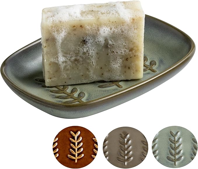 Ceramic Soap Dish Bar Soap Holder for Shower, Soap Dishes for Bar Soap Sponge, Shower Soap Saver Tray for Bathtub Bathroom Kitchen Sink, Farmhouse Housewarming Gift, Pro-Environment, Dark Green