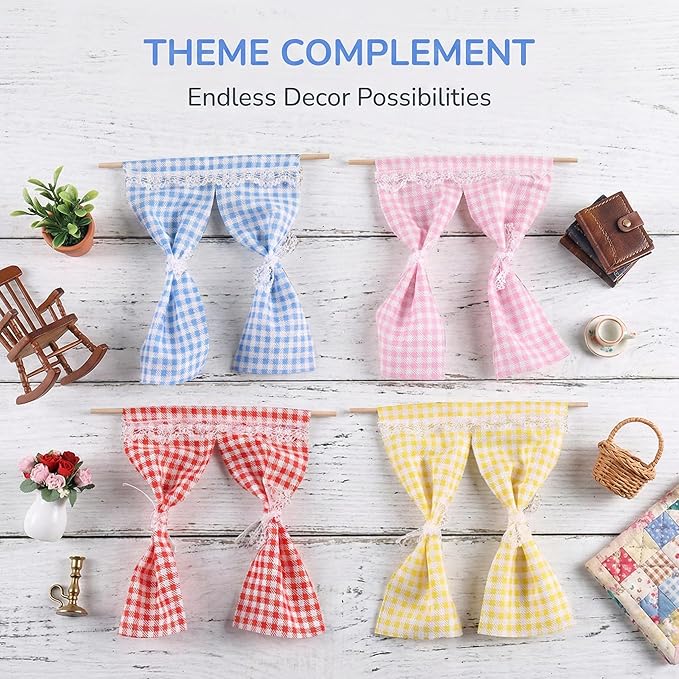 TOYANDONA 4Pcs Miniature Curtains for Dollhouses Drapes for DIY Decor Kitchen Bathroom and Bedroom Realistic Patterns Easy to Install Dollhouse Accessories