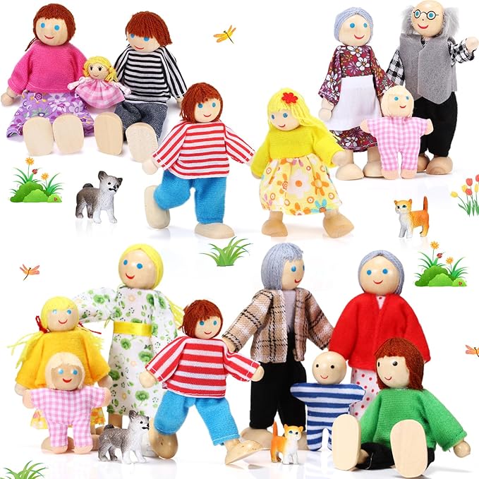 Skylety 20 Pcs Wooden Dollhouse Family Set of 16 Mini People Figures and 4 Pets, Wooden Dollhouse Dolls Cosplay Family Figures Accessories for Pretend Toy(Traditional Style)
