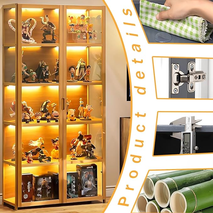 Display Cabinet with Acrylic Glass Doors, 5-Tier Bamboo Curio Display Case for Figures - Display Shelves for Collectibles & Toy Display Cabinet for Home, Office, Playroom, Living Room