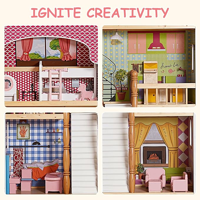 3 Story Wooden Doll Cottage with Balcony, Stairs & 14 Furniture Accessories | Large Multi-Level Dollhouse Playhouse for 5 Inch Dolls | Creative Educational Toy for Boys & Girls Ages 3+