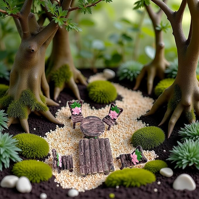 6 PCS Miniature Table and Chairs Set, Fairy Garden Furniture Ornaments Kit for Dollhouse Accessories Home Micro Landscape Decoration Garden Miniatures