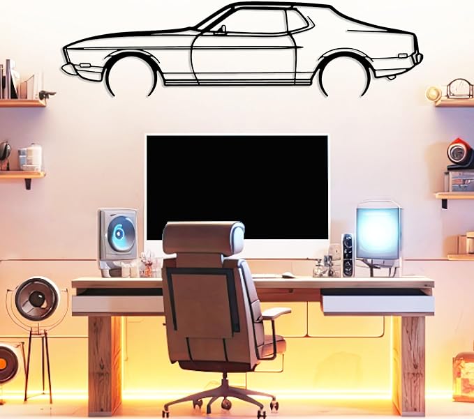 DecoSoul Mustang Metal Car Wall Art, Sports Car, Automotive Silhouette Line Decoration, Minimalist Sculpture for Garage, Indoor Outdoor Wall Hanging, Gift for Boyfriend, (Black - 25 x 6.9” inch)