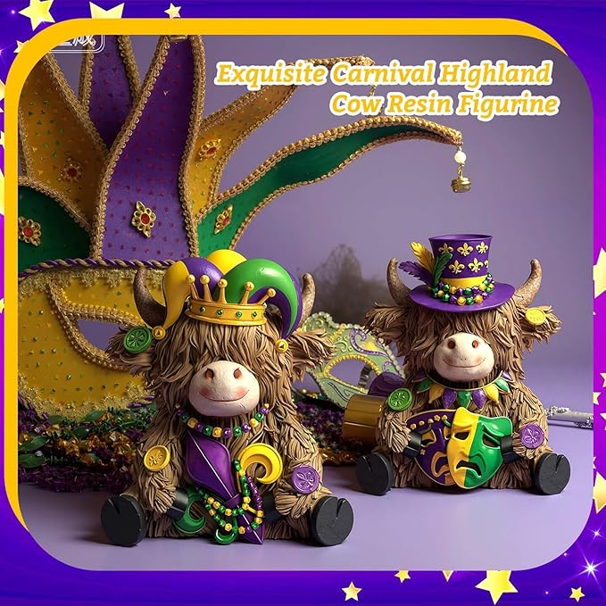 Burbell 2 Pack Mardi Gras Highland Cow Resin Figurine Mardi Gras Bathroom Highland Cow Gnomes with Mask Starfish Resin Statue for Garden Table Shelf Home Decor Calf Gnome Herd Gifts