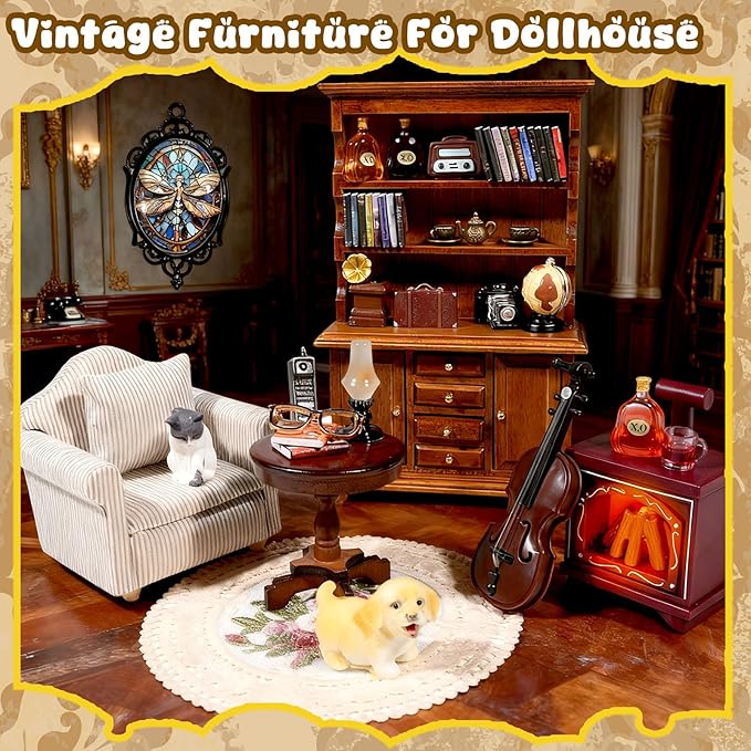 Miniature House Furniture Set Classic Mini Furniture Sofa Set with Pillows Mini Couch Carpet Wooden Furnitures Bookshelf Desk Chair Living Room Scene Decor