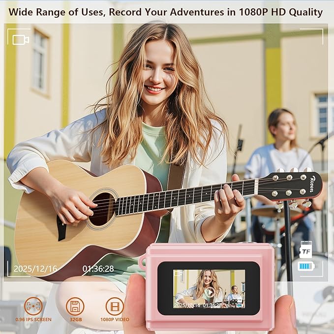 Gift for Teen Boys & Girls - Mini Keychain Camera, 1080P Portable Digital Camera with 0.96" Screen, Includes 32GB Card for 12MP Photo Video, Birthday Graduation Travel(Pink)