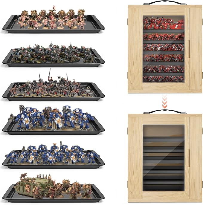 Miniature Storage Case for Collectibles, Miniature Display Cases with Magnetic Door and 6 Trays, Clear View Miniatures Transport Case (Wooden)