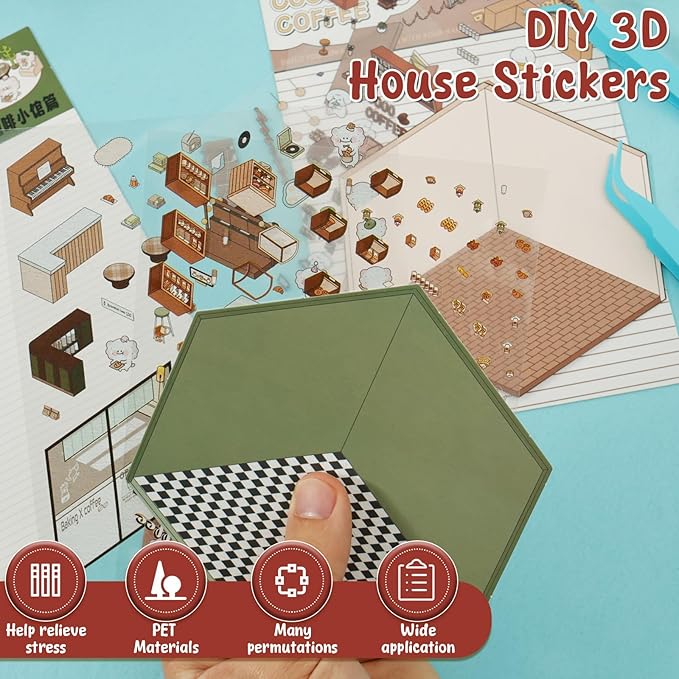 DIY 3D House Stickers, Cartoon 3D Miniature Scene Stickers for Adults Kids to Make Your Own Mini Room Scenes (Set 1)