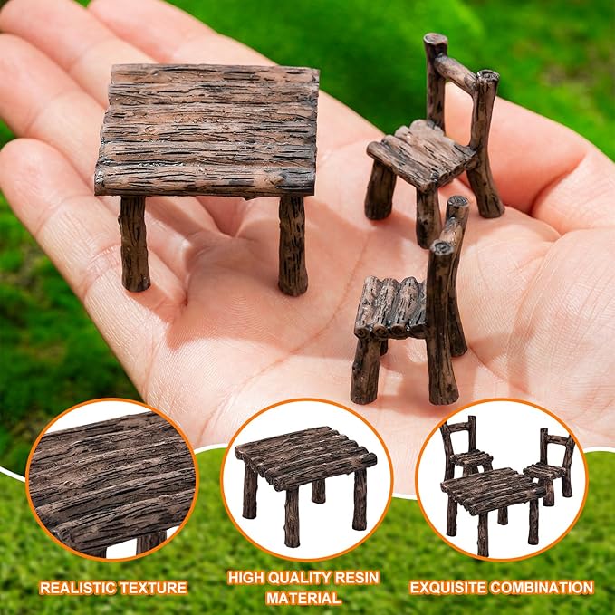 11Pieces Fairy Garden Furniture Ornaments Miniature Table and Chairs Set Village Micro Resin Bench Chair Kit for Dollhouse Accessories Home Micro Landscape Decoration (Vintage Style)