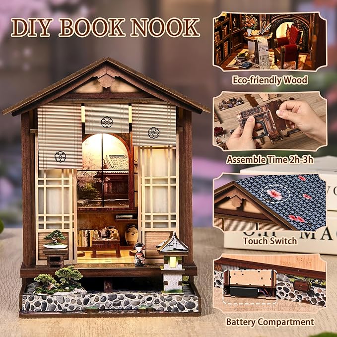 Book Nook Kit - DIY Miniature House Kit for Adults and Teens, Booknook Tiny Japanese Dollhouse Kit Bookshelf Decor 3D Wooden Puzzle, Gifts for Family, Friends