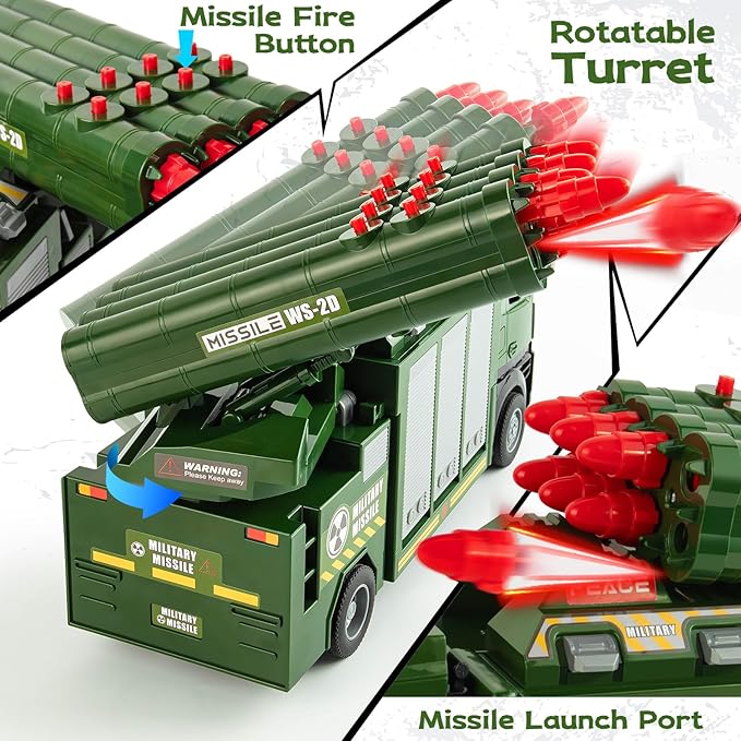 Army Toy for Boys 3-6, Military Truck with 8 Missiles, 6 Mini Die-cast Battle Toy in Carrier Truck with Lights and Sounds, Gifts for Toddler Kids Boys Age 3+