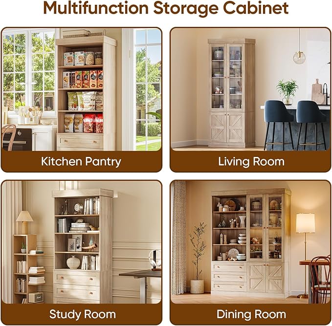 71" Tall Farmhouse Kitchen Pantry, Large Storage Cabinet with Glass Doors, Adjustable Shelves, 3 Drawer, Wood Versatile Hutch Cabinet for Dining Room, Living Room, Brown 4 PCS