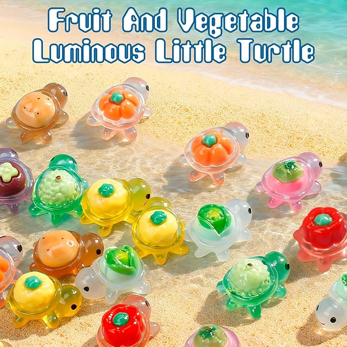 Mini Resin Turtle Figurines, Glow in The Dark Whimsical Fruit Vegetable Turtle Figures, Mini Plastic Sea Animals for Hide and Seek (100 Pcs Small)