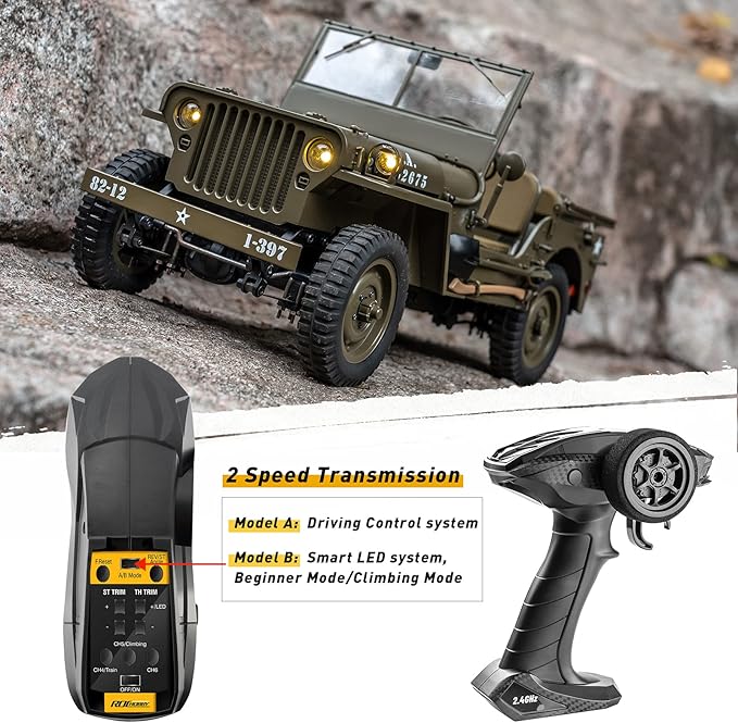 WOWRC RocHobby 1/12 1941 MB Scaler RC Jeep, 4x4 Hobby Grade RTR RC Car Mini RC Rock Crawler Military, 2.4Ghz RC Truck with LED Lights, Battery and USB Charger for Adults