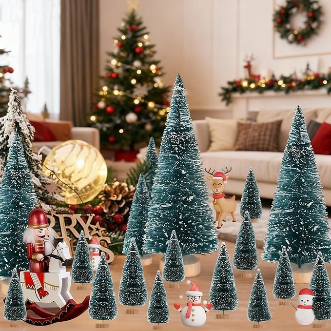 Yahpetes Christmas Trees 35 Pcs Artificial Sisal Trees Bottle Brush Trees Blue-Green Sisal Trees with Wood Base, Tabletop Xmas Trees for Christmas Decoration and Display, 4 Sizes(Blue-Green 35Pcs)