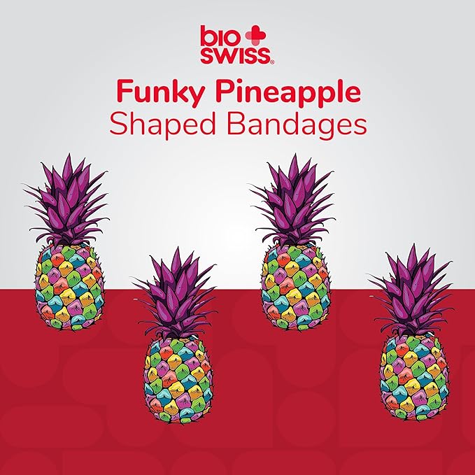 BioSwiss Bandages, Funky Pineapple Shaped Self Adhesive Bandage Set, Latex Free, Sterile Wound Care, 50 Count