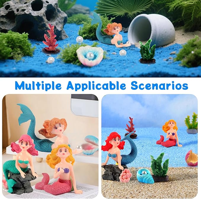 20pcs Mini Mermaid Figurines Aquarium Decorations Set with Coral and Shell Ornaments, Mini Ocean Resin Animals for Fish Tank Aquarium