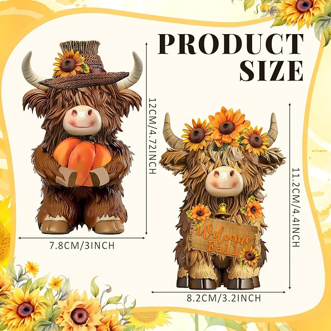 2 Pack Fall Thanksgiving Decor Highland Cow Resin Figurine Fall Pumpkin Flower Highland Cow Gnomes Scottish Resin Statue Calf Lovers Gifts for Autumn Home Garden Kitchen Office Tiered Tray Table Decor