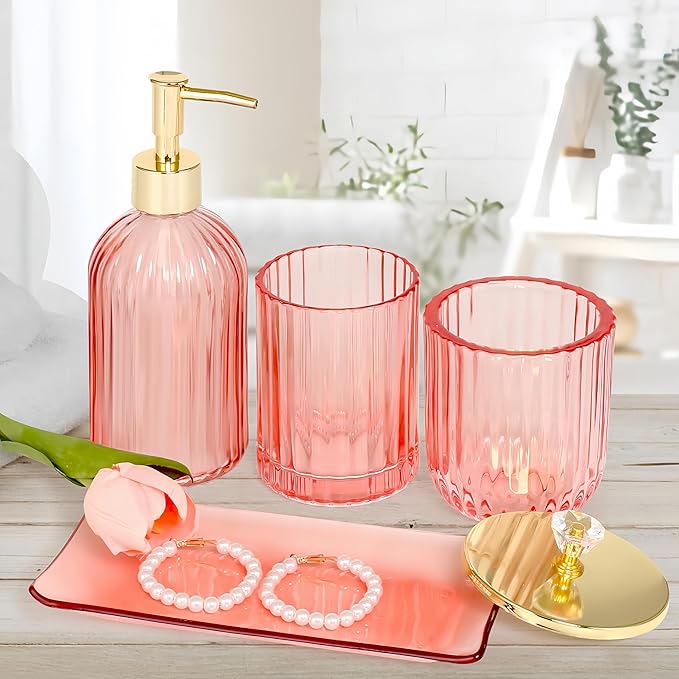 Pink Bathroom Accessories Set, 4Pcs Glass Bathroom Decor Complete with Lotion Soap Dispensers, Toothbrush Holder, Cotton Swab Jars, Vanity Tray, Cute Bathroom Essentials Gift for Girls