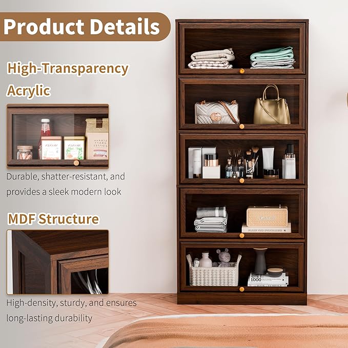 Display Cabinet with Acrylic Glass Doors,5-Tiers Curio Cabinet with LED Lighting for Collectibles, Collectibles Toy Organizers Rack & Display Shelf Display Case Storage Cabinet, Walnut