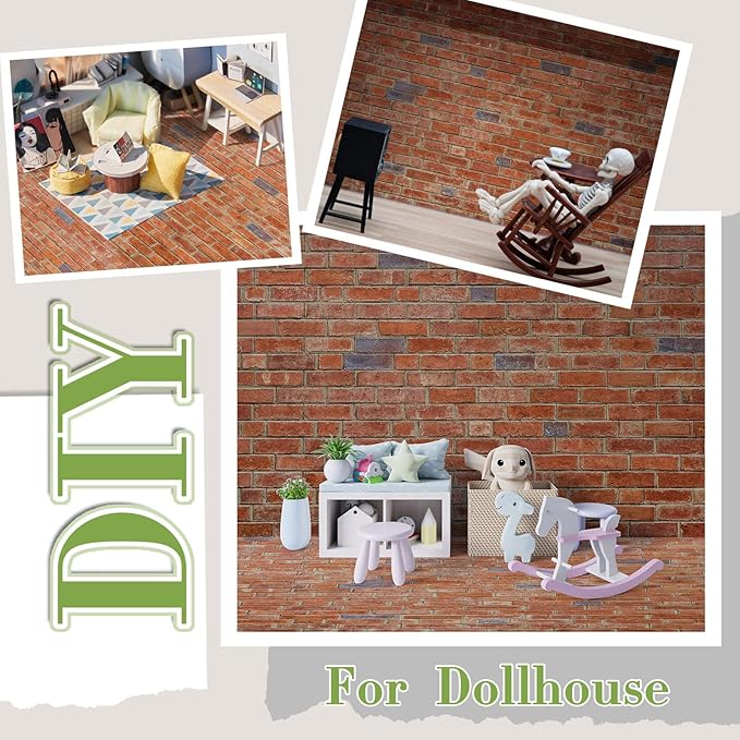 Flutesan 6 Pcs Miniature Dollhouse Wallpaper and Flooring Peel and Stick Mini DIY Self Adhesive Dollhouse Accessories 8.27 x 11.69 Inch (Red Clinker)