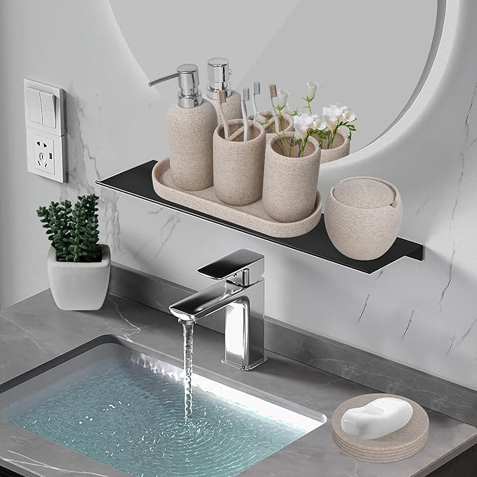 Bathroom Accessory Set, 6PCS Beige Bathroom Accessories - Soap Dish, Lotion Dispenser, Toothbrush Holder, Mouthwash Cup, Tray, Cotton Ball Jar, Aesthetic Decor Bathroom Sets