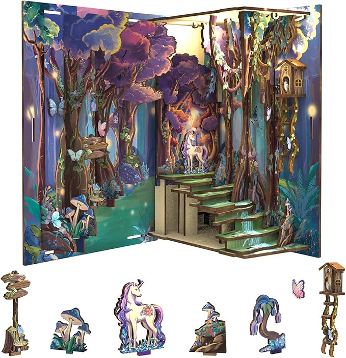 Cutefun Book Nook Kit, DIY Miniature Dollhouse Kit for Adults and Teens, 3D Wooden Puzzle Bookends, Bookshelf Insert Decor w/LED Light Dust Cover, Christmas Birthday Gifts (Forest Unicorn)