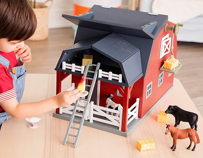 Terra by Battat - Wooden Animal Barn Toy Set with 20 Pieces - Farm Animals Toys for Kids 3-5 Years - Foldable Roof, Hay Bales, Pulley & Fences - Screen-Free Toddler Toys for Pretend Play