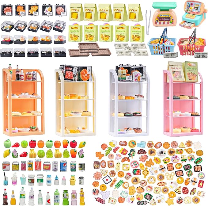 199Pcs Dollhouse Miniature Store Grocery Accessories Mini Shopping Basket 4 Three-Layer Shelves Supermarket Food Drink Bottle Fruit Toy Kitchen Play Game Cash Register Lunch Box