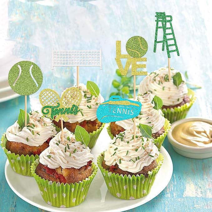 24 Pcs Tennis Cupcake Toppers Sports Ball Tennis Cupcake Picks Tennis Birthday Party Decorations Cake Decor for Sports Balls Theme Boys Girl Birthday Party Supplies