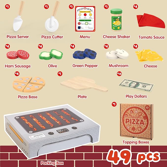 WOODMAM Pizza Toy Set, Montessori Realistic Play Food with Oven Box, Educational Learning Toys for Preschoolers Toddlers Age 3 4 5 6, Christmas Birthday Gift for Kids