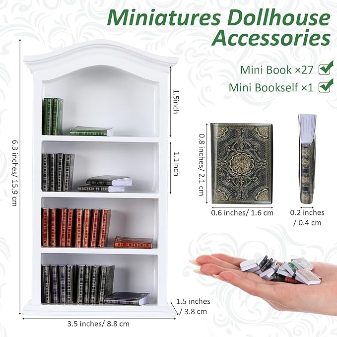 Poen 27 Pcs 1: 12 Scale Miniatures Dollhouse Books and a Wooden Bookcase 4 Floors Dollhouse Bookshelf Decoration Accessories for House Bedroom, White