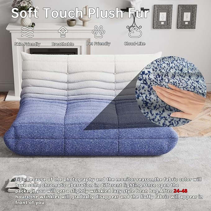 Bean Bag Chairs for Adults, Memory Foam Couch Loveseat Sofa Chair, Soft Teddy Material Cozy Comfy Reading Nook Chairs, Floor Chair for Living Room Bedroom Office(Blue-White)