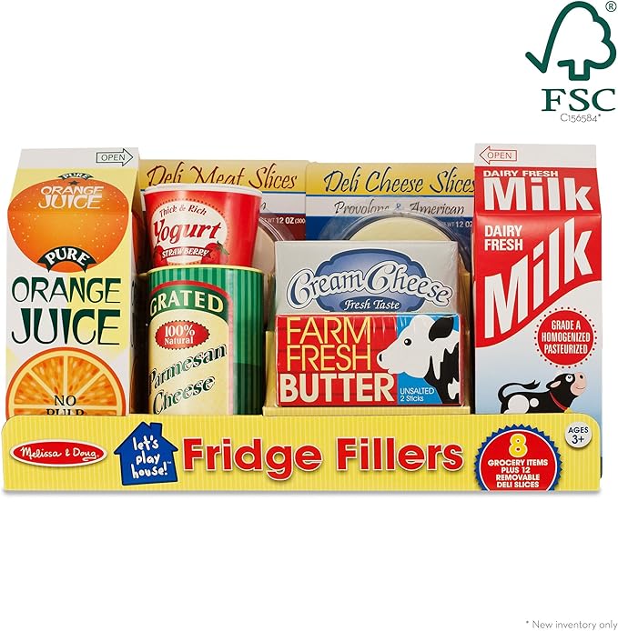 Melissa & Doug Fridge Fillers Grocery Play Food Cartons (8 Pieces) Wooden Toy Groceries, Pretend Play Food, Kitchen Accessories for Kids Ages 3+ - FSC Certified