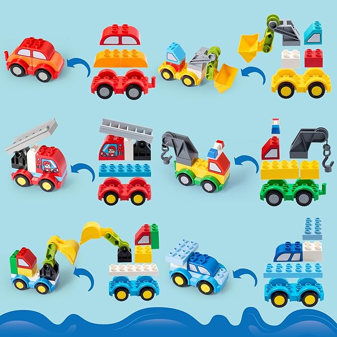 JOYIN 80Pcs Toddlers Car Building Blocks Set, 12Pcs Different Vehicles, Build Your Own Toy Cars, Compatible with Brand Name Building Bricks for Kids Boys Girls Birthday Easter Gift
