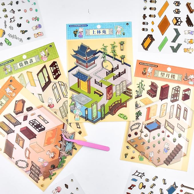 DIY 3D Fun House Stickers, 4 Sets Miniature Cute Rabbit Room Scene Stickers Make Your Own Mini Vintage Building Sticker Scenes for Adult Relief Stress Pass The Time