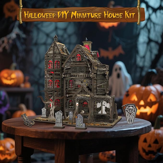 3D Wooden Puzzle Haunted House Model Set - Miniature Haunted House Kits with Led Accessories Furniture, Suitable for Adults and Teenagers to DIY Halloween Horror Doll House Craft Gifts.