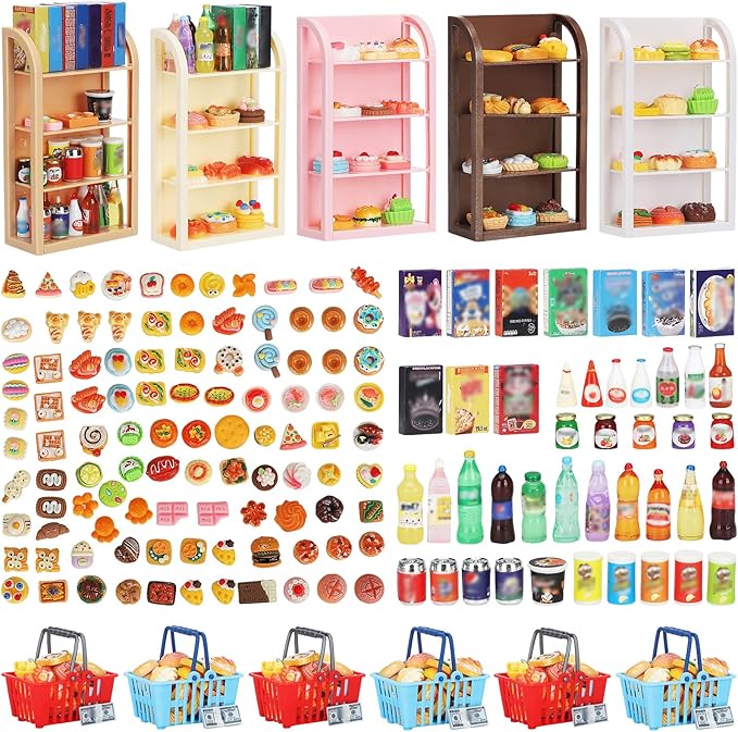 170Pcs Miniature Supermarket Shelves Furniture Model Doll House Store Storage Bookshelf Accessories 4 Layers Shelf Display Rack Mini Locker Decor Food Drink Bottle Toy Cosplay Game Party