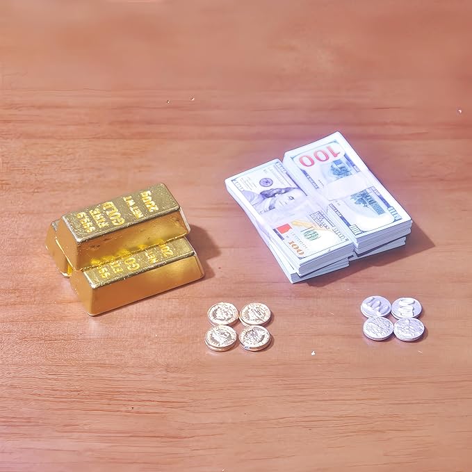 1:6 Scale Miniature Gold Briefcase Gift Set with Fake Gold Bars, 180Pcs Mini $100 Dollar Bills & Vintage Coins | Unique Collectible Display, Dollhouse Accessory & Fun Novelty Gift for Adults