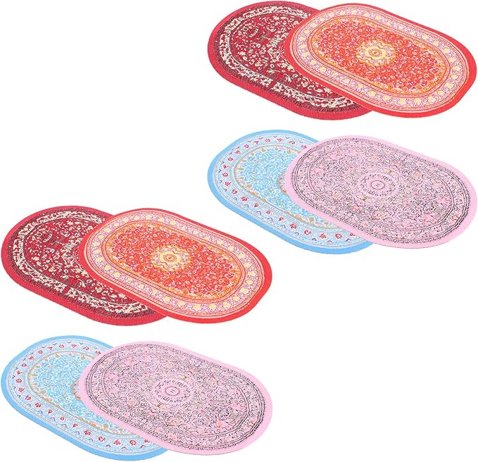 LOGOFUN 8PCS Miniature Carpet Doll House 1:12 Scale Mini Turkish Rugs Tiny Vintage Woven Oval Carpet for Micro Scene Furniture Accessories