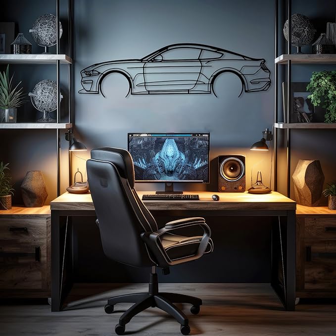 DecoSoul Mustang Metal Car Wall Art, Sports Car, Automotive Silhouette Line Decoration, Minimalist Sculpture for Garage, Indoor Outdoor Wall Hanging, Gift for Boyfriend (Black - 30 x 8.2” inch)