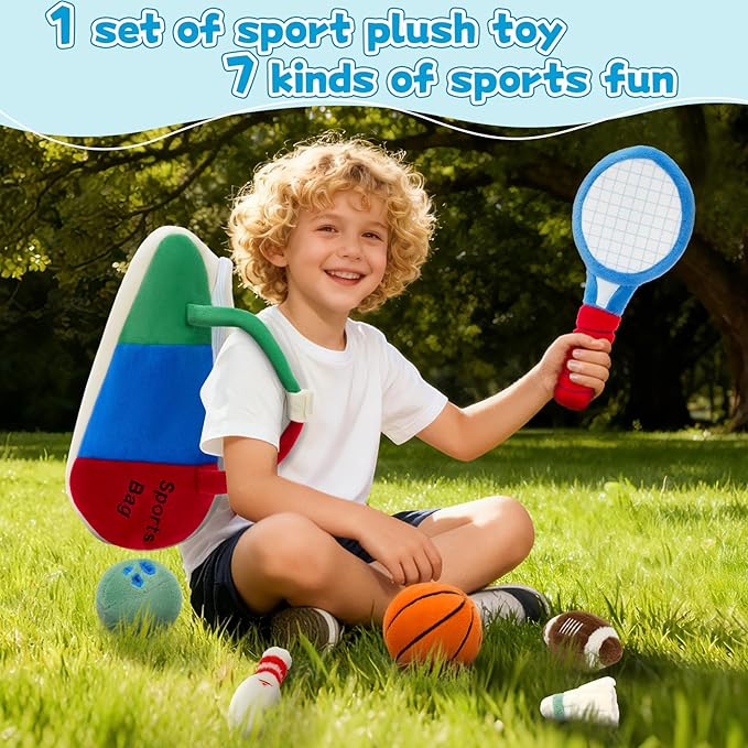 Muiteiur Sports Bag Stuffed Plush Playset, 7 in 1 Stuffed Bag with Zipper, Baby Gift Toys for Kids Girls Boys Fans