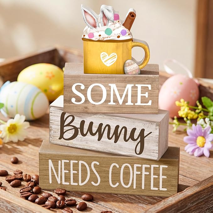 Moucuny 4 Pcs Easter Table Decorations Wooden Coffee Bunny Tiered Tray Decor Happy Easter Centerpiece for Tables Decorative Rabbit Block Signs Gifts Farmhouse Rabbit Decor for Home Kitchen Shelf
