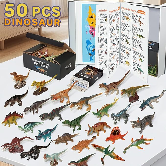 Dinosaur Toys for Kids 3-5 5-7, 50 pcs Realistic Dinosaurs with Book & Dinosaurs Learning Cards - Educational Small Dinosaur Figures for Party Favors Gifts, Boys and Girl 8-12 Year Old