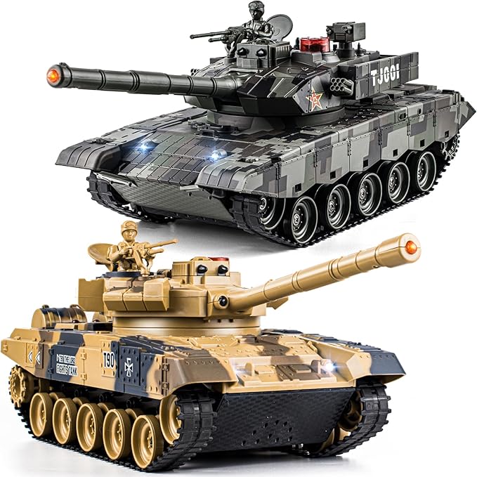 1/24 RC Battle Tank Set, Remote Control Chinese Type 99 and Russian T90 Army Toy That Shoots for Kids and Adults, 2.4G RC Vehicle Model Tank 6+ Year Old with Sound, Smoke and Lights