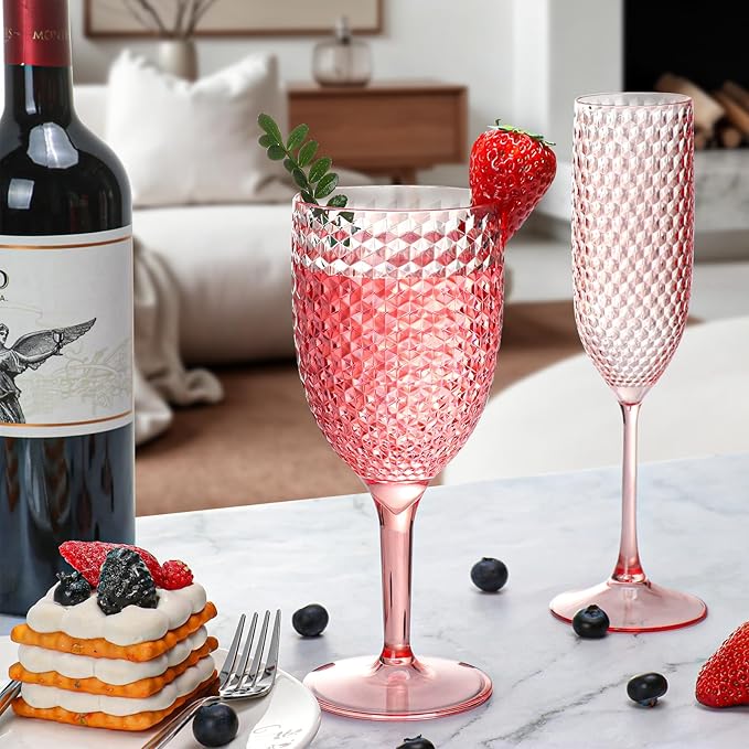 12Pcs Pink Plastic Wine Glasses 13.5oz Reusable Acrylic Wedding Goblets Toasting Glassware Unbreakable Wine Cups with Long Stem Crystal Drinking Glasses Champagne Flutes for Bar Restaurants Party