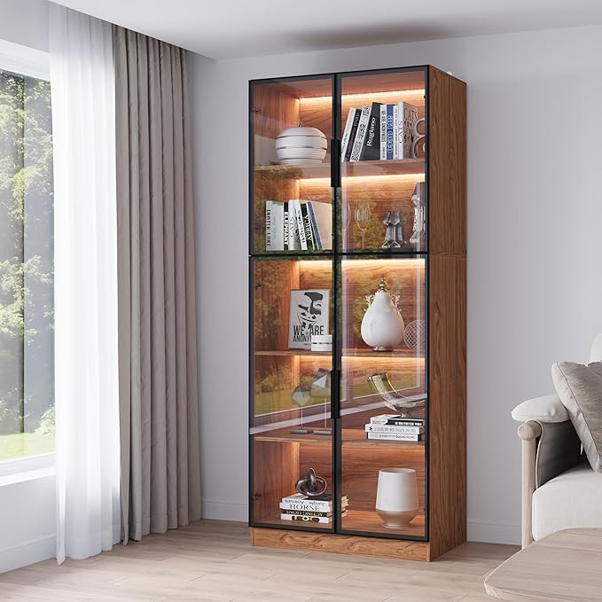 Modern Display Storage Cabinet with LED Lights, Glass Door Tall Showcase with 5-Tier Shelves for Collectibles, Books, Wine, Curio Cabinet for Home Office Living Room Bedroom, Walnut