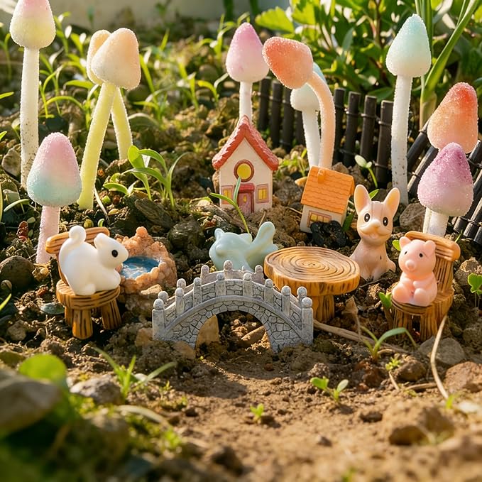 Sthdembo 67-Piece Glittery Mushroom Fairy Garden Kit with Mini House, Bridge, Fences & Resin Animals - Handmade Miniature Figurines & Landscape Ornaments for Terrarium, Desk Plants