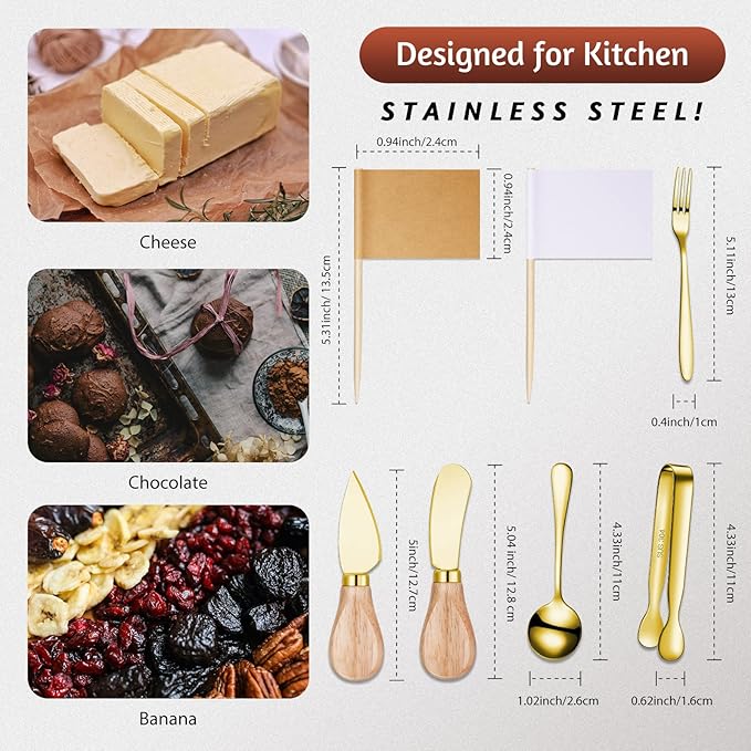 Charcuterie Board Accessories Spreader Knife Set Cheese Butter Spreader Knife Charcuterie Utensils with Wooden Handles Mini Serving Tongs Spoons Forks for party Wedding Christmas (Gold, 18 Pieces)