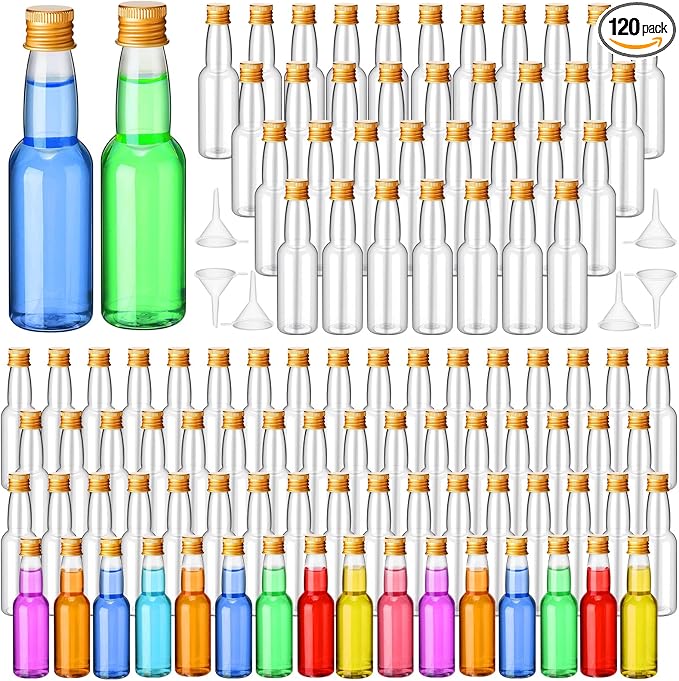 120 Pcs Mini Liquor Bottles Airtight Shot Miniature Empty Plastic Alcohol Spirit Shot Bottles with Funnels for Party Favors, Weddings(3.3 oz,Gold)